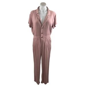 Free People Margot Pink Linen Short Sleeve Button Straight Leg Romper Jumpsuit M